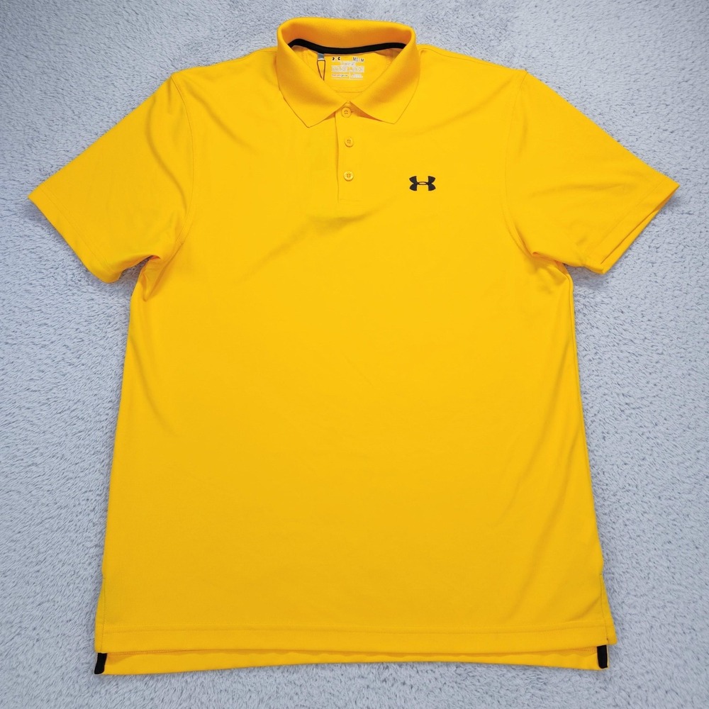 Under Armour HeatGear Polo Shirt Mens Medium Yellow Blue Golf Performance Loose